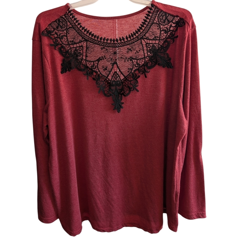 Dark Moody Romantic Lace Accent Long Sleeve Top 2X